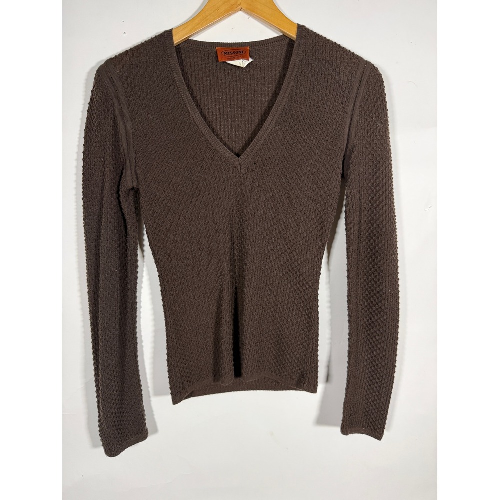Missoni Brown Wool V-Neck Textured Waffle Knit Sweater Made in Italy Size L